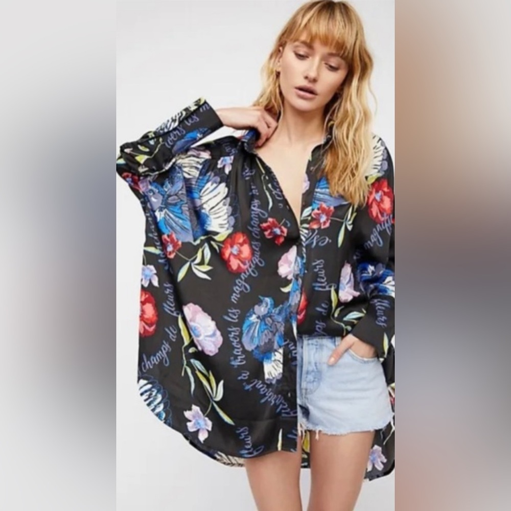 Free People Black Silky Nights Floral High Low Blouse